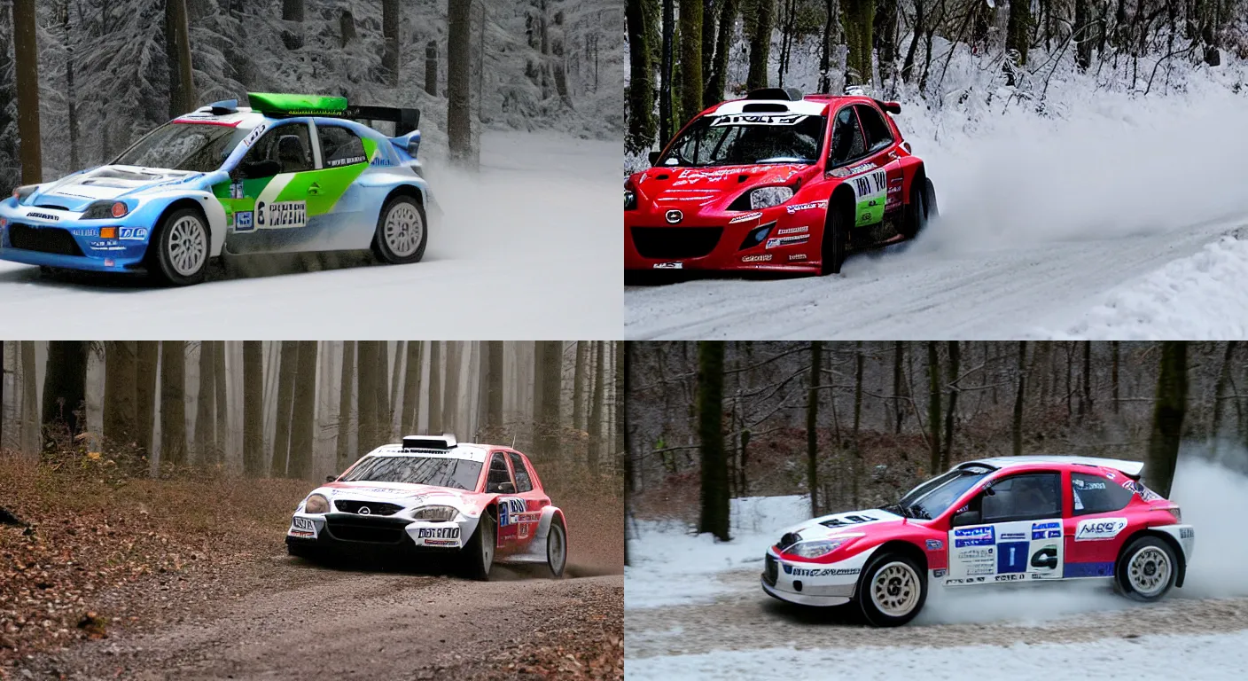 Prompt: a 2 0 0 5 mazda axela sport 2 3 s, racing through a rally stage in a snowy forest