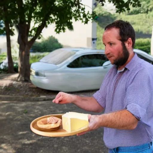 Prompt: a man in a pink shirt and brown hair stealing cheese wheels