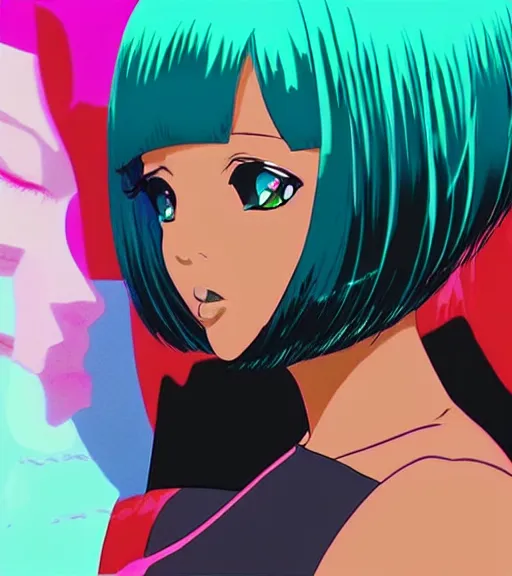 Prompt: beautiful closeup portrait of a black bobcut hair style futuristic kyla pratt in a blend of 8 0 s anime - style art, augmented with vibrant composition and color, filtered through a cybernetic lens, by hiroyuki mitsume - takahashi and noriyoshi ohrai and annie leibovitz, dynamic lighting, flashy modern background with black stripes