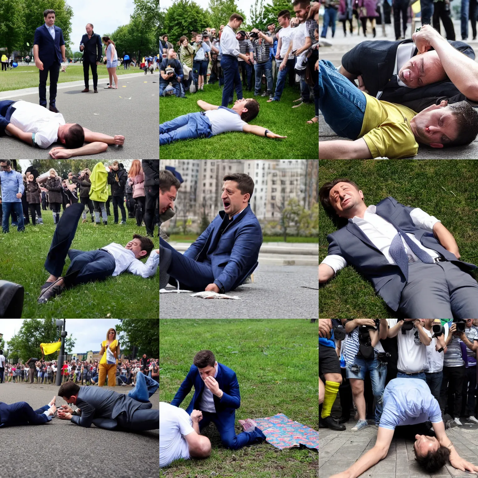 Prompt: Zelensky having a tantrum, lying on the ground, crying and shouting