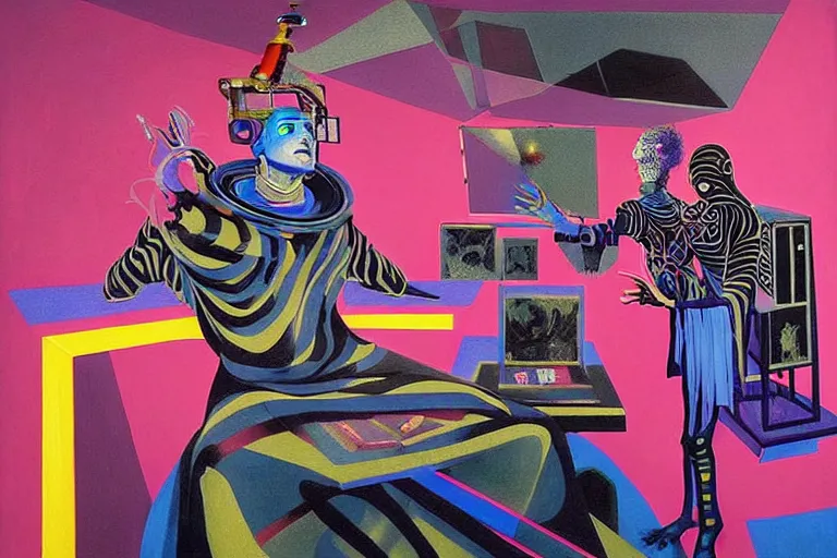 Prompt: a highly detailed beautiful masterpiece painting of a technomancer wizard in dazzle camouflage robes with pointed hood discussing sentience with his synthesized AI djinn hologram in his laboratory near a computer by Remedios Varo and Anato Finnstark and Greg Rutkowski and Andy Warhol and Francis Picabia and Artgerm, dayglo pink, dayglo blue, prismatic, pearlescent white, raven black, glowing, hyperrealism, 8k, trending on ArtStation, maximalist, rendered in Octane, rendered in Unreal engine, award winning, volumetric lighting