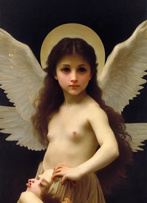 Image similar to a young girl holding the head of a monster, flying in the sky surrounded by angels, extremely realistic and highly detailed painting by william - adolphe bouguereau and caravaggio, soft light, gold ratio