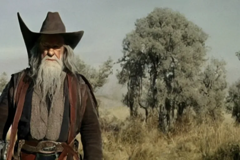 Prompt: Cowboy Gandalf wearing Stetson hat and leather trousers. Movie still from lord of the rings the fellowship of the ring.