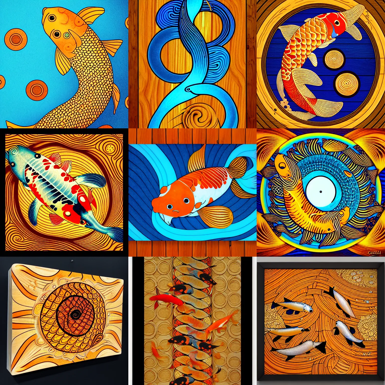 Image similar to koi fishes, fibonacci, golden ratio, sacred numbers, by audrey kawasaki, by loish, barbbara cannepa global illumination, cool colors, wood texture on top