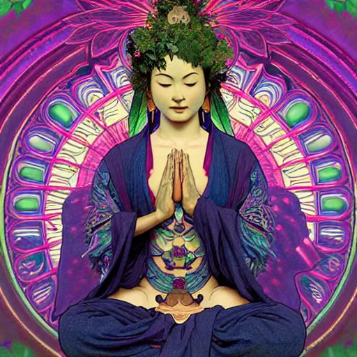 Prompt: peaceful content gardenpunk bodhisattva, praying meditating, greens and blues, intricate clothing, WLOP digital art artstation, portrait art by artgerm and greg rutkowski and alphonse mucha, HDR, cinematic, vibrant colors, photo realistic, hyperrealism, high detail, matte finish, high contrast, 3d depth, masterpiece, vivid colors