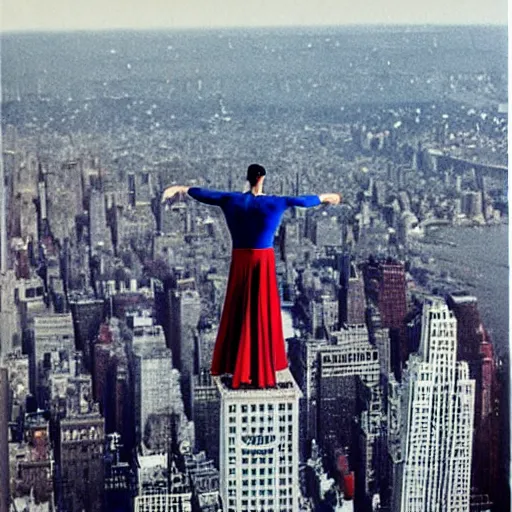 Image similar to superman from back sitting on chair standing on top of the empire state building strong stance photo by annie leibovitz