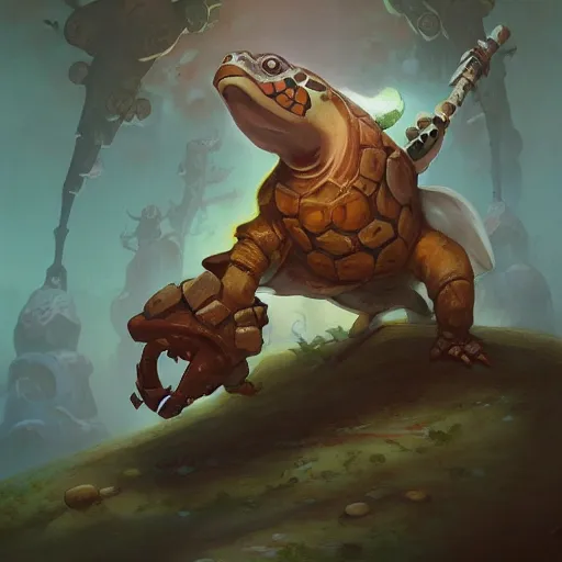 Prompt: anthropomorphic turtle hero by peter mohrbacher