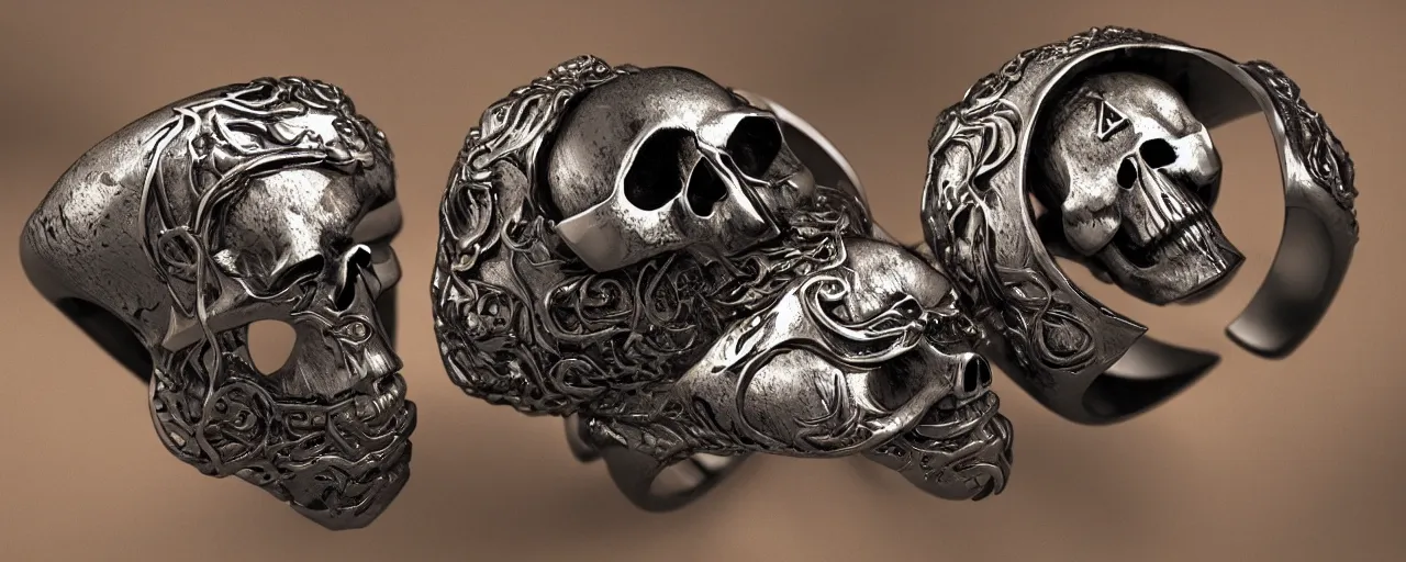 Image similar to simple magic ring of poison, ring, skull, wax, black, smooth shank, crystals, engravings, product design, jewelry, art by gerald brom, greg rutkowski and artgerm and james jean, photo realism, unreal engine, c 4 d