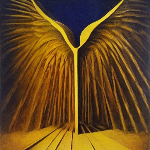 Image similar to an original painting by remedios varo, a building surrounded by angels