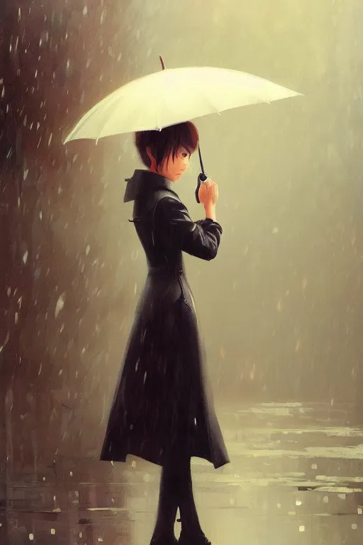 Prompt: A ultradetailed beautiful panting of a stylish girl with an umbrella, rainy day, Oil painting, by Ilya Kuvshinov, Greg Rutkowski and Makoto Shinkai