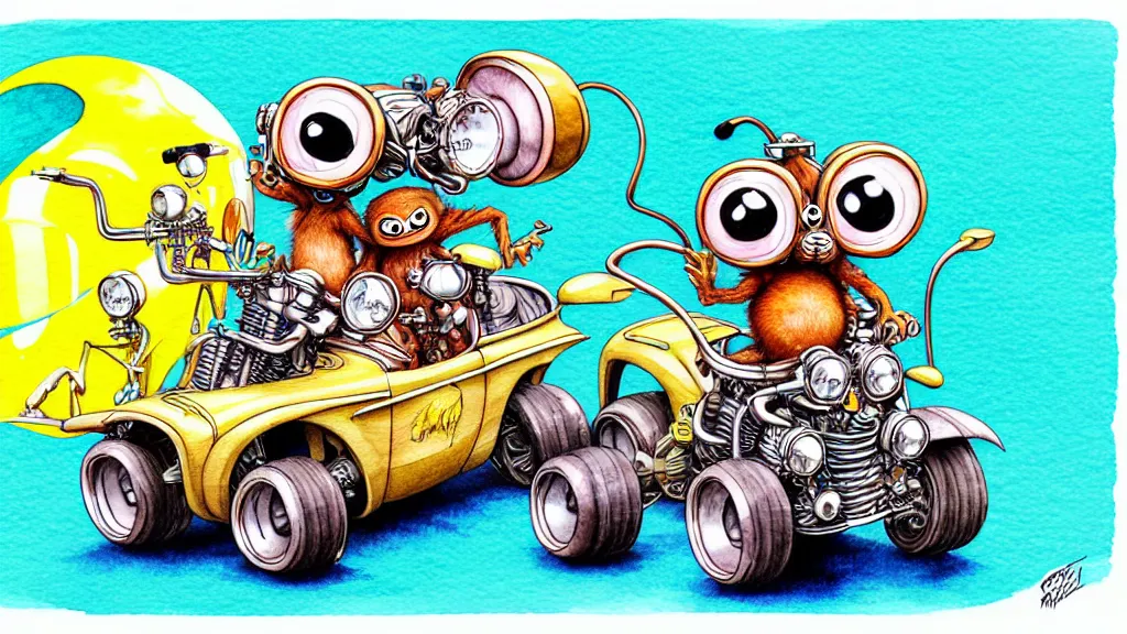 Image similar to cute and funny, tarsier wearing a helmet riding in a hot rod with oversized engine, ratfink style by ed roth, centered award winning watercolor pen illustration, isometric illustration by chihiro iwasaki, edited by range murata, tiny details by artgerm and watercolor girl, symmetrically isometrically centered