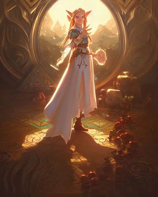 Image similar to legend of Zelda, D&D, fantasy, intricate, elegant, highly detailed, digital painting, artstation, concept art, matte, sharp focus, illustration, hearthstone, art by Artgerm and Greg Rutkowski and Alphonse Mucha