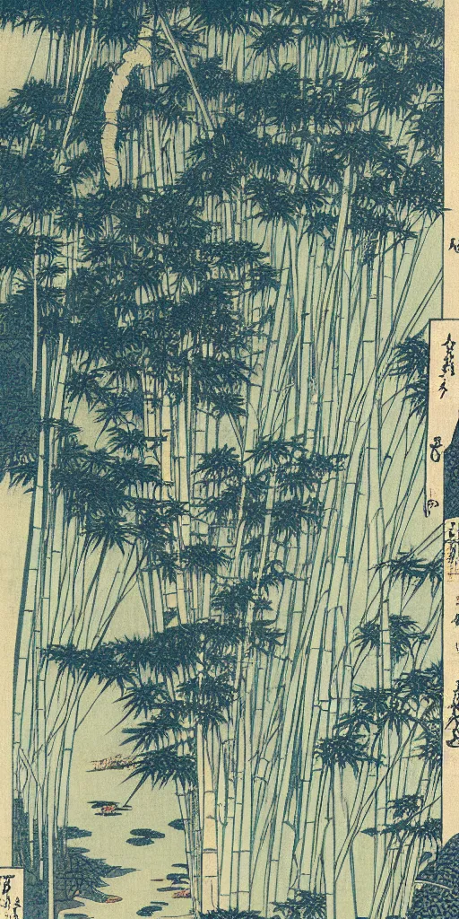 Prompt: a minimalist picture of a beautiful and magical bamboo forest landscape, by hokusai