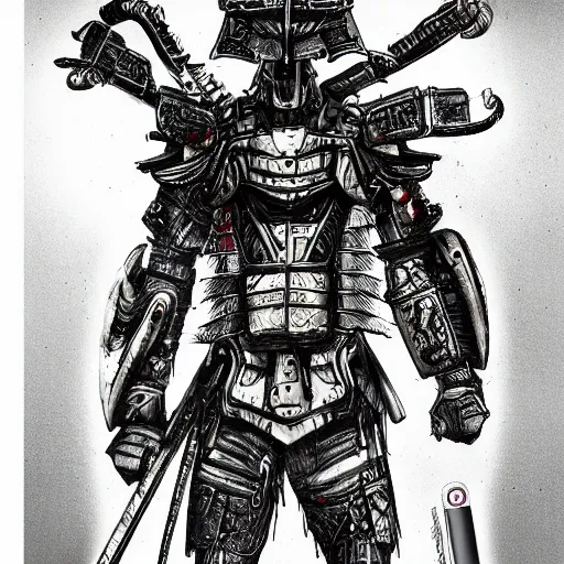 Image similar to japanese futuristic warrior with many scars, high detail, hyperdetailed, hard ink, no pencils, full body drawing