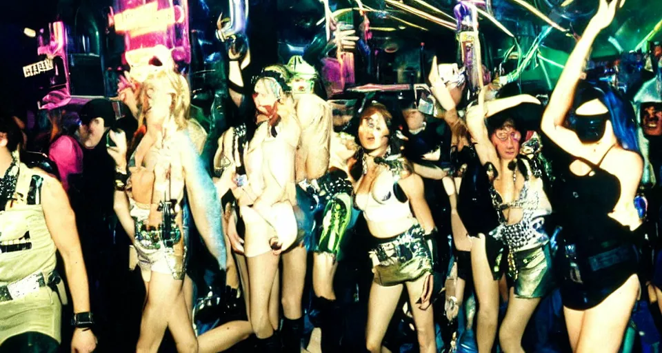 Image similar to color film still, cyberpunk police at the disco ; studio 5 4 ( 1 9 9 8 )