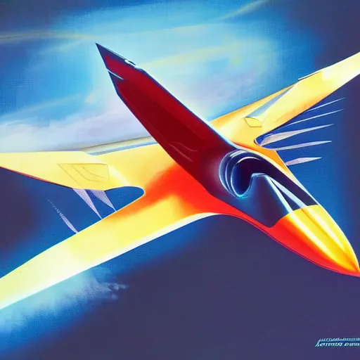 Prompt: futuristic supersonic jet, concept art, 1 9 7 0 s style, saturated colors, high definition