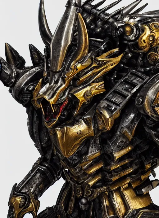 Prompt: hyper realistic glorious ancient wargreymon in a obsidian metal armor, futuristic design, designed by makoto kobayashi and luca zampriolo, portrait, cyberpunk style, wood and gold details, intricate, extremely detailed, ornate, deep of field, hard surface, exoskeleton, substance designer metal unreal engine. amazing likeness. very detailed.