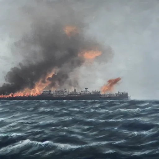 Image similar to A large oil tanker ship bursting into flames in grey rough seas in the atlantic, oil painting, grey clouds, dull colors, dark, rusted