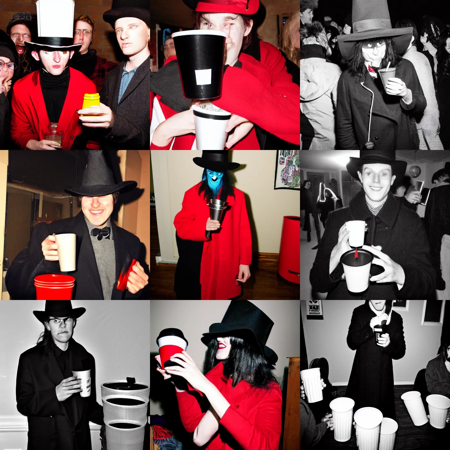 Prompt: the babadook in black hat and coat at a high school houseparty, awkwardly holding red solo cup, flash photography 2 0 1 2