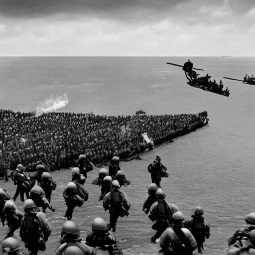 Image similar to birds eye view of the normandy landing in the style of saving private ryan and age of empires