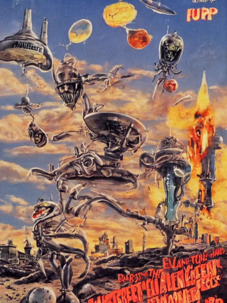 Prompt: evil alien cheeseburger stands on a beach rockets are landing in the background, forbidden planet, pulp sci fi, poster