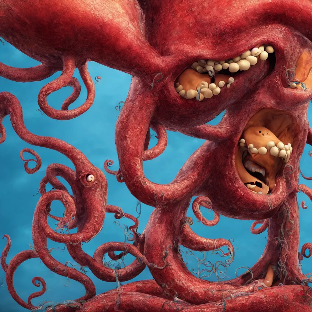 Image similar to a widescreen colorchrome portrait photo of a old happy screaming man holding a giant giant octopus with 6 eyes, style steve mccurry octane render 8 k