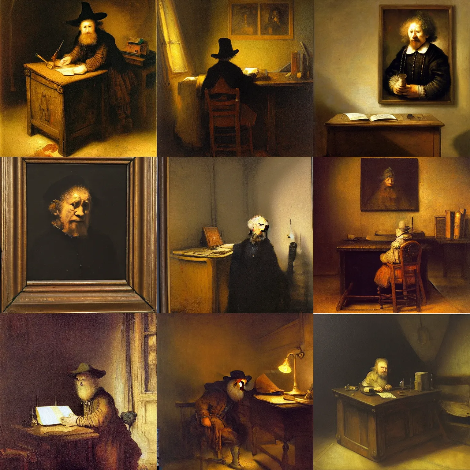 Prompt: wizard, radio box, desk in a dark room, oil painting by Rembrandt