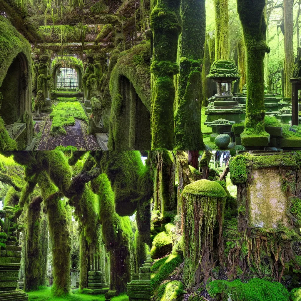 Prompt: a temple filled with statues overgrown with moss. beams of sunlight.