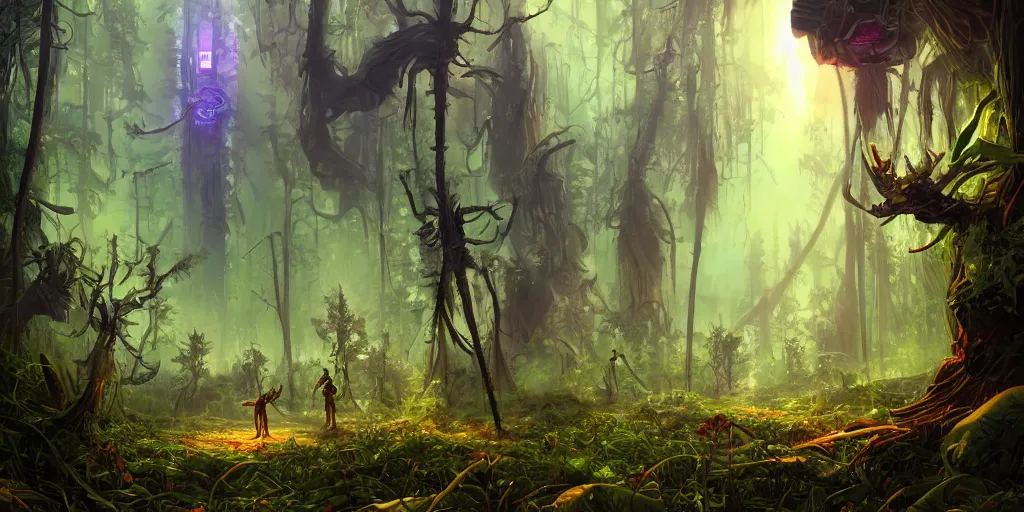 Image similar to giant ant in futuristic spiritual mystical post apocalyptic forest by ron gilbert, dim painterly volumetric aquatic lighting, beautiful, crisp, artstation, highly detailed