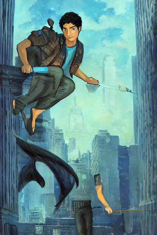 Prompt: percy jackson illustration, walter scobell, city of new york, artstation