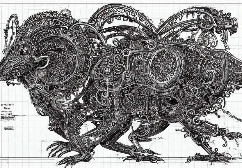 Image similar to 1 / 4 schematic blueprint of highly detailed ornate filigreed convoluted ornamented elaborate cybernetic rat, full body, character design, inside frame, middle of the page, art by da vinci
