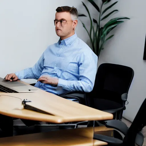 Prompt: Chubby clean-shaven white businessman sitting at a wooden conference table typing on a laptop keyboard, his right black shoe is resting on table next to laptop