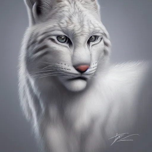 Image similar to beautiful realistic portrait of white anthropomorphic lynx by artgerm, furry fantasy art