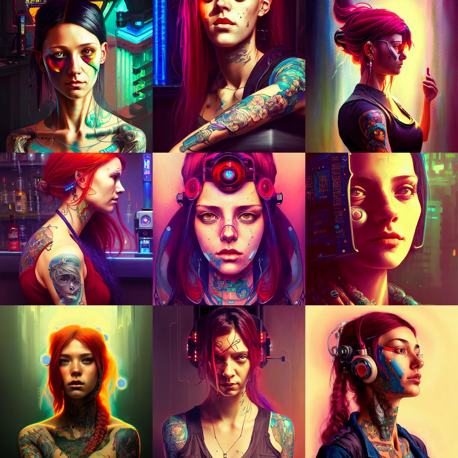 Prompt: portrait of a cyberpunk tattooed barmaid, path traced, highly detailed, high quality, digital painting, alena aenami, lilia alvarado, shinji aramaki, karol bak, alphonse mucha, tom bagshaw