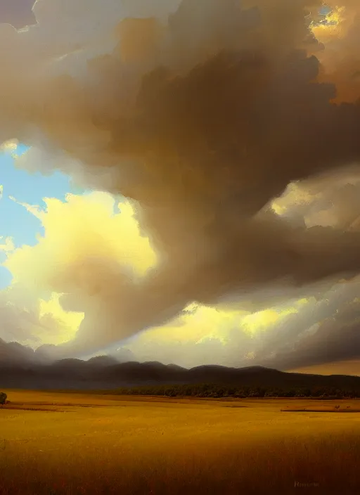 Image similar to painting of a storm coming over a field, a matte painting by rhads, featured on deviantart, hudson river school, apocalypse landscape, apocalypse art, storybook illustration