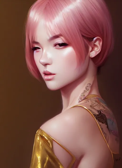 Prompt: dreamlike luxury stunning gangster girl portrait, pale pink and gold kimono, art by artgerm, wlop, loish, ilya kuvshinov, 8 k realistic, hyperdetailed, beautiful lighting, detailed background, depth of field, symmetrical face, frostbite 3 engine, cryengine,