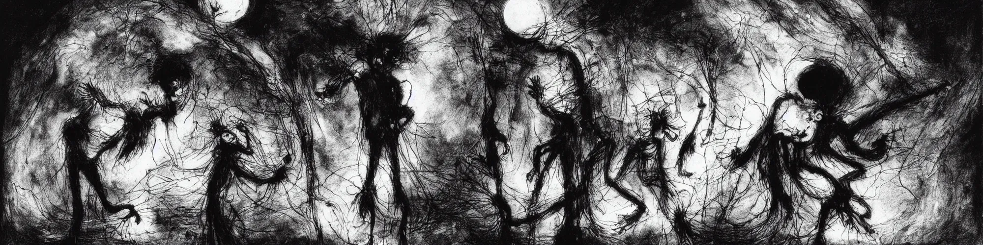 Prompt: dawn of creation ; first atom ; beings of darkness ; ethereal plane. extremely dark image. complete blackness. black and gray low - contrast image. illustrated by maurice sendak and stephen gammell and junji ito and dr seuss and tsutomu nihei