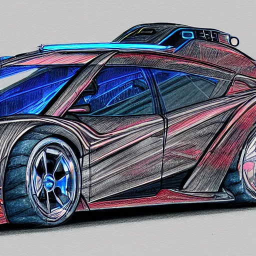 Image similar to a cyberpunk car, sketch, crayon render