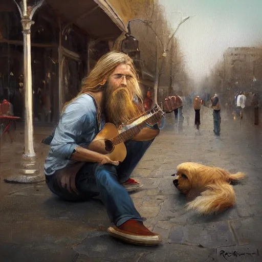 Image similar to oil painting of a young man with long hair blond and a beard hippie style with his golden retrever dog playing guitar in the square for money, people watching around, by greg rutkowski, artstation