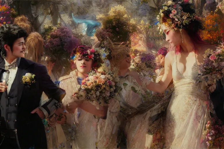 Image similar to the groom look at the bride at a wedding full of flowers, bright and happy, dreamlike art, highly detail, 4 k realistic, wedding photoy krenz cushart, artem demura, yoji shinkawa artgerm, jon lothian, danilo torres. adi meyers. thomas reimann. gaston bussiere.