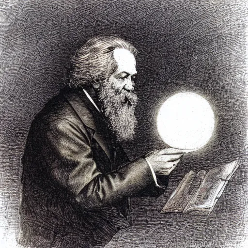 Prompt: Karl Marx pondering his Orb by Alan Lee