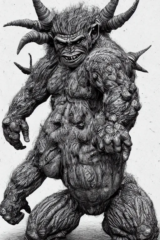 Prompt: humanoid hunched figure troll with 1 horn, ogre, ape, highly detailed, digital art, sharp focus, trending on art station, kentaro miura manga art style