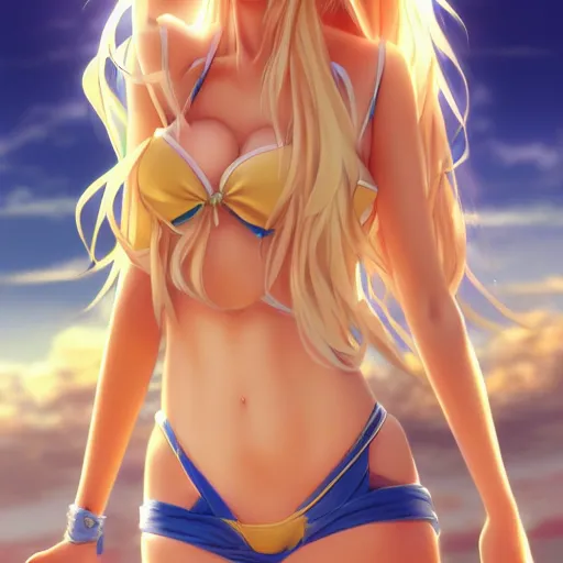 Image similar to a very beautiful anime cute girl, full body, long wavy blond hair, sky blue eyes, full round face, short smile,golden bikini, miniskirt, front view, medium shot, mid-shot, highly detailed, cinematic wallpaper by Stanley Artgerm Lau