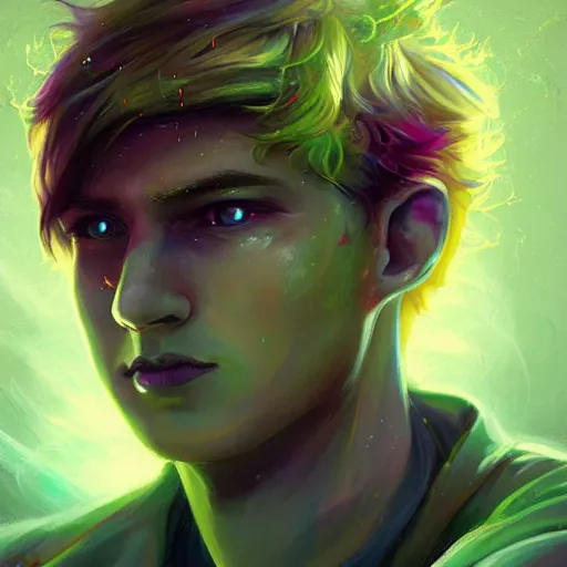 Image similar to bust of a light haired young man with a scar across his left eye has an epic idea, rainbowpunk, scandalpunk, high detail, concept art, neon color, vivid color, floating particles, glowing green eyes, spiral smoke, background by john harris + andreas rocha, artwork by charlie bowater + artgerm + anato finnstark + ross tran