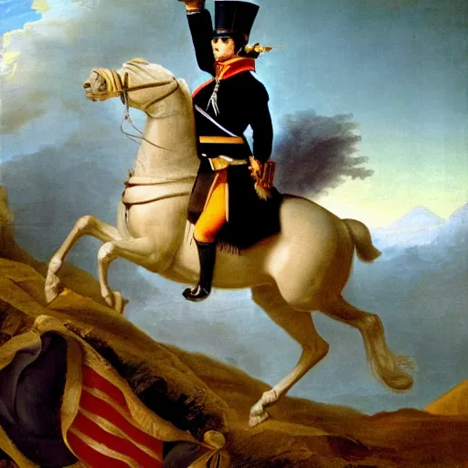 Image similar to napoleon standing on top of a cliff with an army marching next to him.