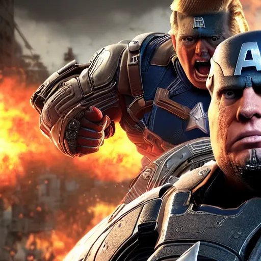 Image similar to Portrait! of President Donald Trump as ((captain america)) in Gears of War, splash art, movie still, cinematic lighting, dramatic, octane render, long lens, shallow depth of field, bokeh, anamorphic lens flare, 8k, hyper detailed, 35mm film grain