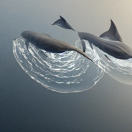 Image similar to 3 d rendering of transparent whales, caustic projection, octane renderer, raytracing, 4 k, rtx, light refracting, martinakis adam style of lilien ephraim moses