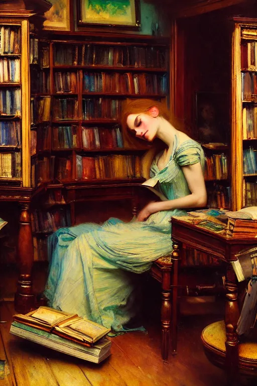 Image similar to soft colorsphotograph imax and solomon joseph solomon and richard schmid and jeremy lipking victorian loose genre loose painting book shop interior full of books disney