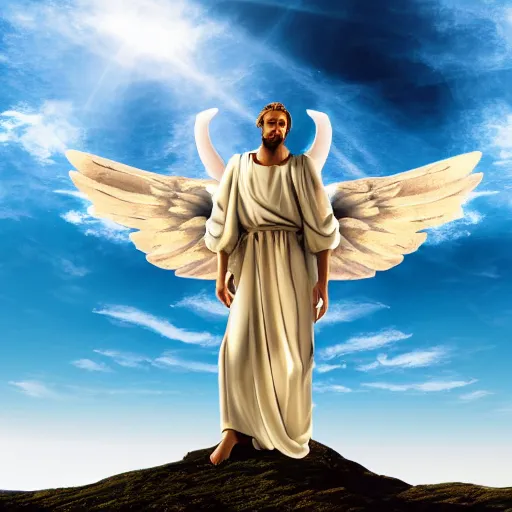 Prompt: gigantic biblical depiction of an angel towering over a vast landscape, cinematic, realistic, geometric white marble body, photorealistic, detailed, gold sky, global illumination, volumetric lighting, 8 k, god rays, beautiful, majestic clouds, soft colors, heavenly lighting