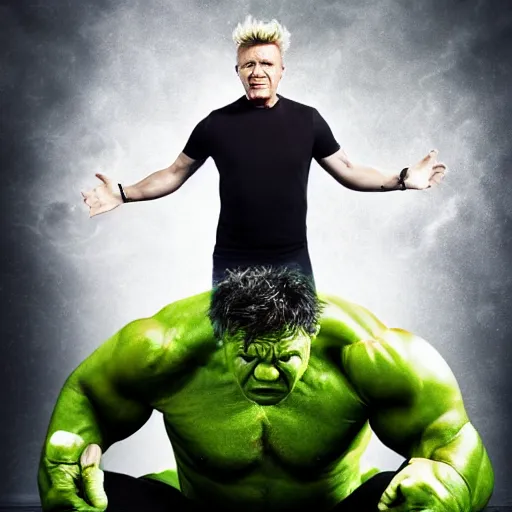 Image similar to Gordon Ramsay transforms into the Hulk, 4k, stock photo, realistic, full body